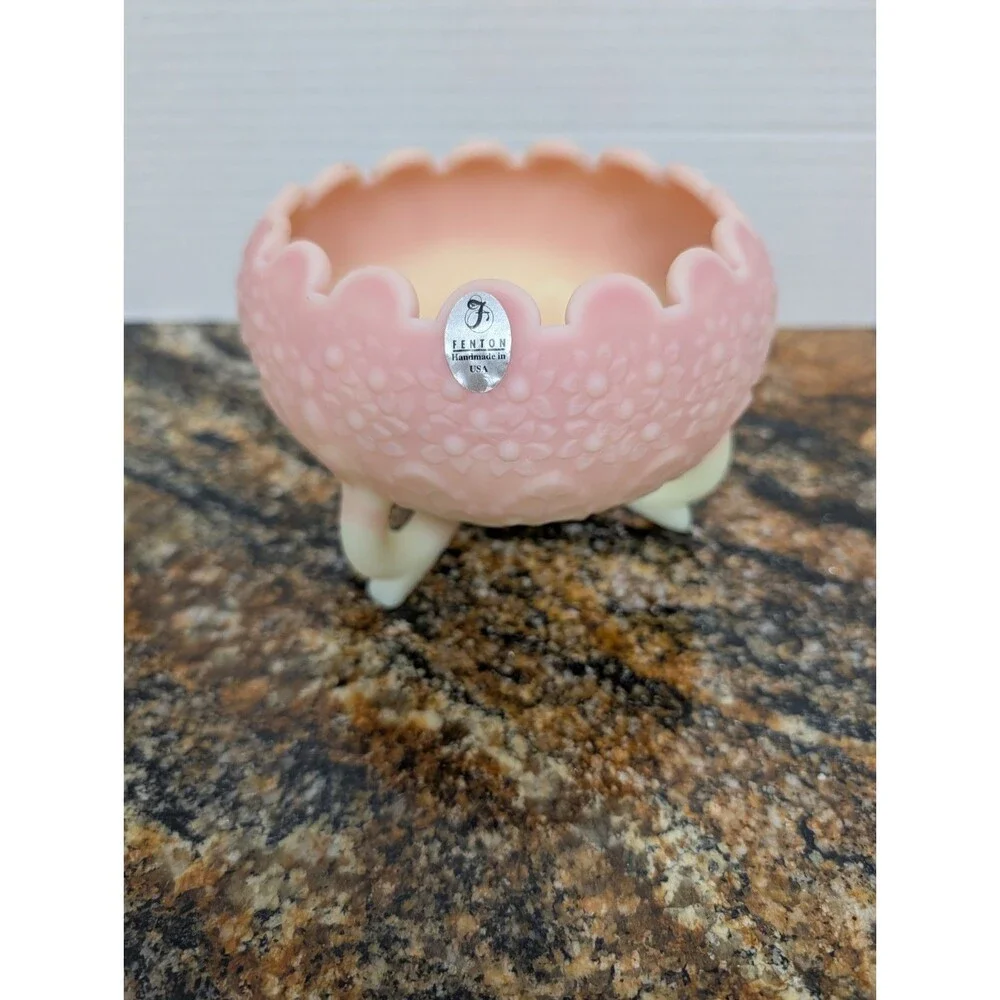 Pink Fenton Flower Burmese Glass Rose Bowl And Cabbage Compote MCM Uranium